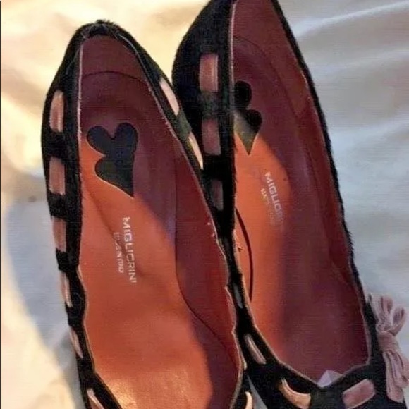 VINTAGE MIGLIORINI BLACK PONYHAIR PINK TRIM PUMP SHOES 37 - Picture 4 of 8